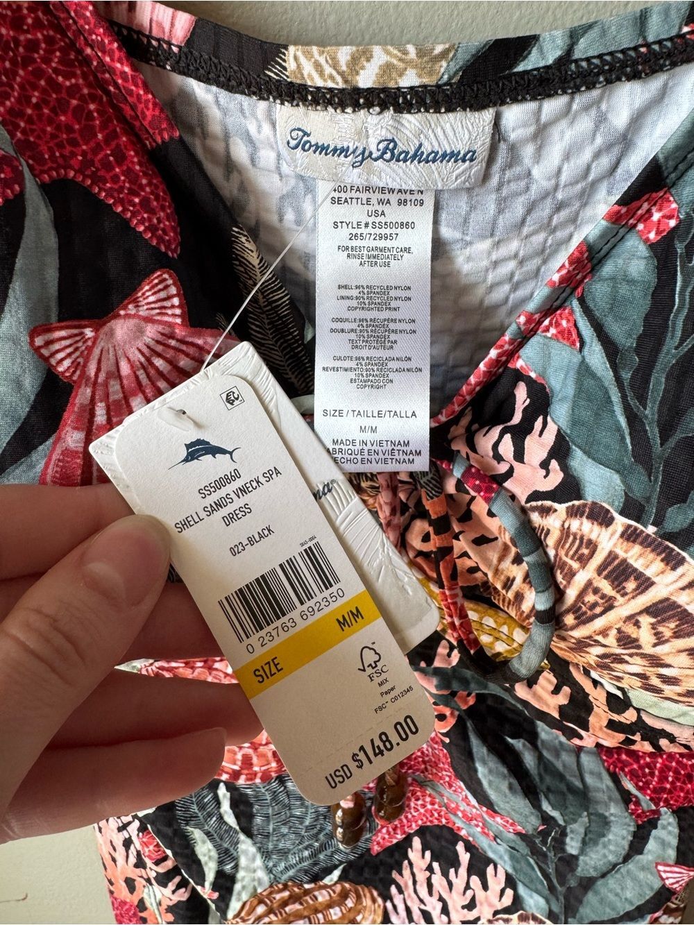 NWT Tommy Bahama Shell Sands V-Neck Spa Dress Cover Up Black Seashell Medium - Picture 3 of 4